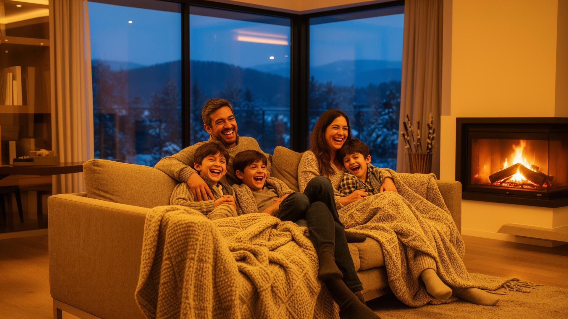 Familia chilena disfrutando una noche cálida en su living